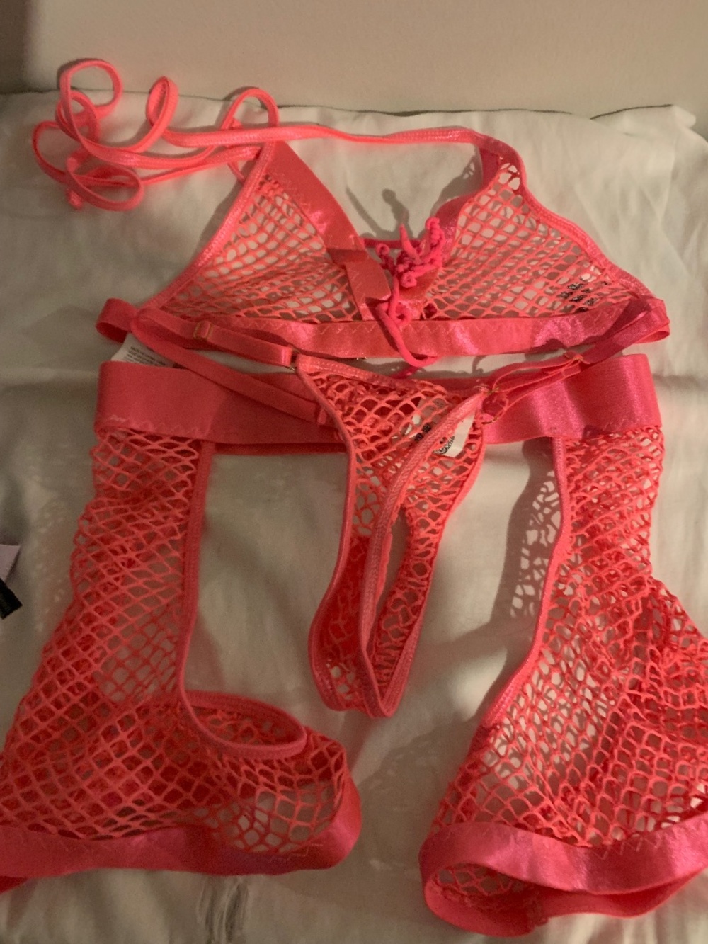 Neon Pink Fishnet Bra Thong And Chaps Set